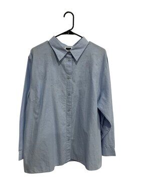 C.S.T. Sport 22W Blue Embroidered Cotton Button Up Shirt Cottagecore Boho Chic